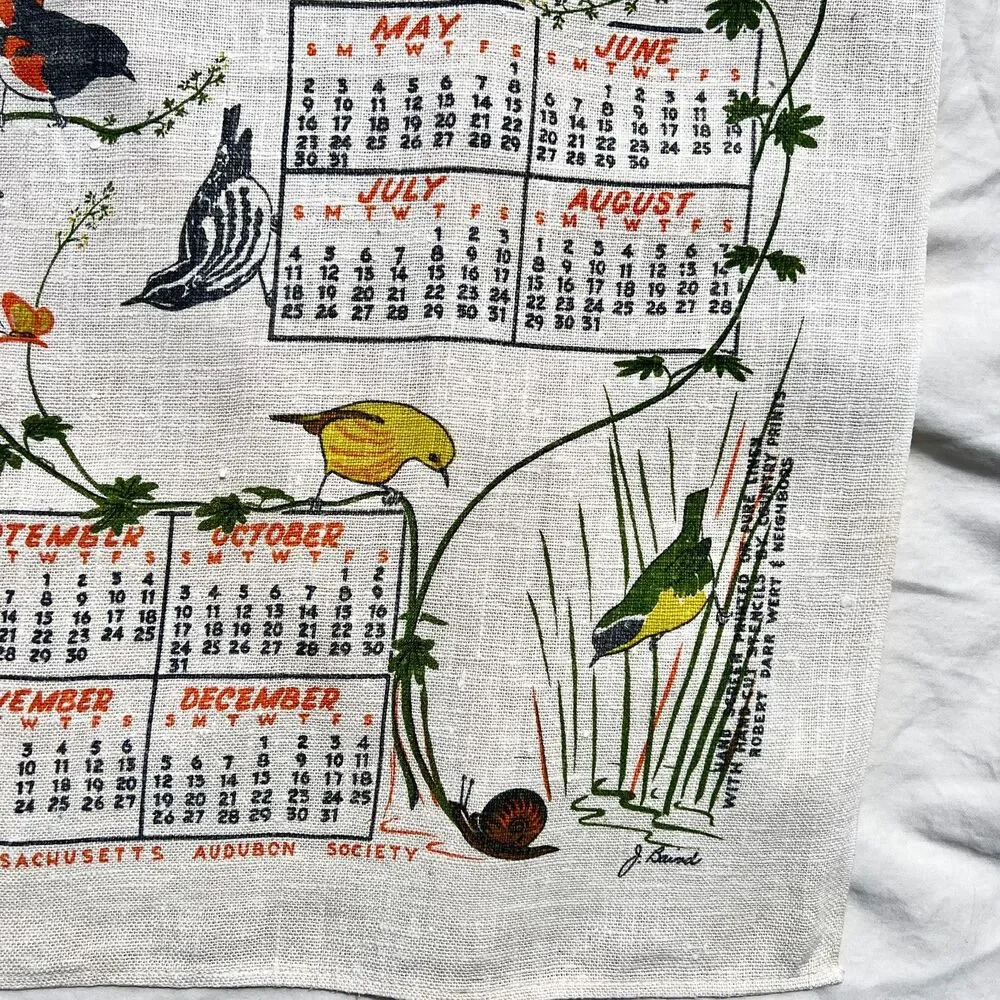 VTG 1965 Linen Tea Towel Calendar Mass Audubon Society Birds, Retro, MCM